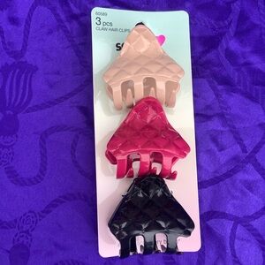 Scunci 3 Pieces Hair Claw Clip Leather Red Plae Coral Pink and Black